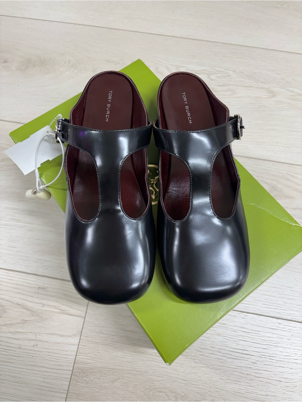 Tory Burch Violet T-Strap Box Leather Mules in Perfect Black
